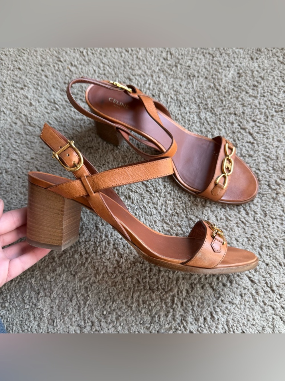 Celine Triomphe Stacked Heel Sandals Gold Brown Leather